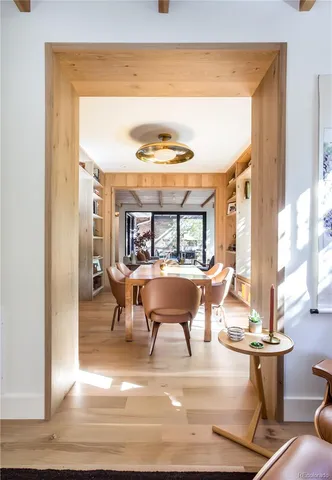 a view of dining room with wooden floor