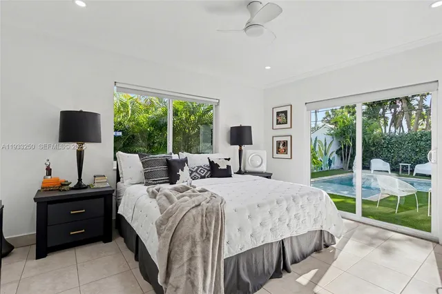 a bedroom with a bed and large windows