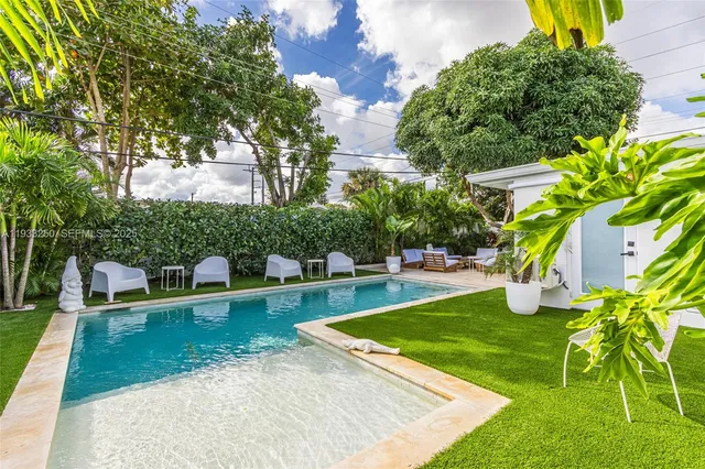 a view of a swimming pool with a garden