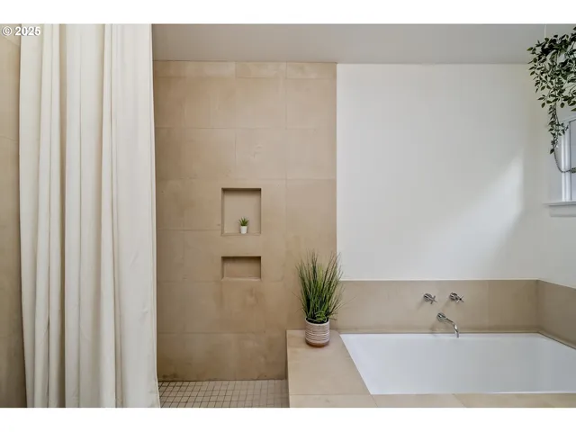 a bathroom with a bathtub and a potted plant