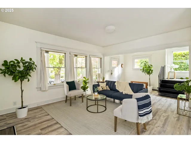 a living room with furniture potted plant and a window