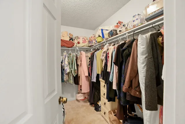 a view of walk in closet with clothes and shoes