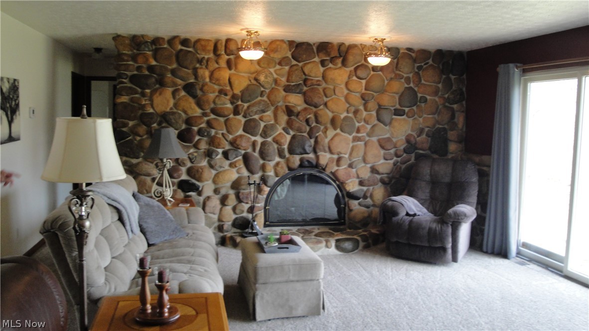 7515 Congress Road Lodi, OH 44254 - Photo 14 of 28 Carpeted living room featuring a textured ceiling, a stone fireplace, and a wealth of natural light
