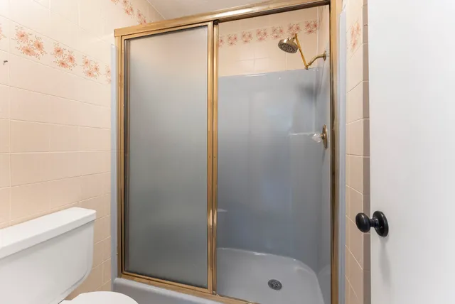 a bathroom with a shower and a toilet