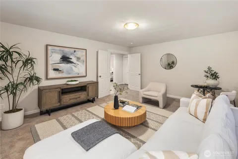 a living room with furniture a rug and a potted plant