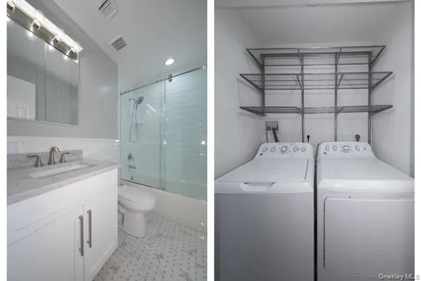 a bathroom with a granite countertop sink toilet and shower