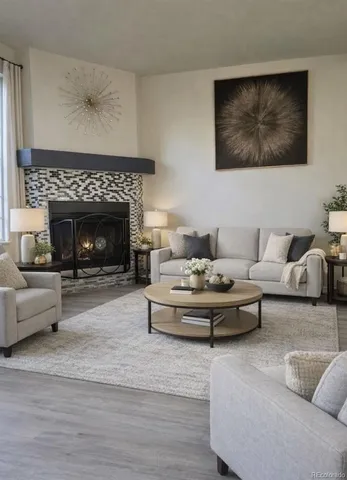 a living room with furniture and a fireplace