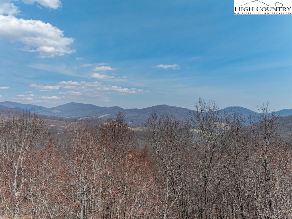 a view of a dry yard with mountains in the background