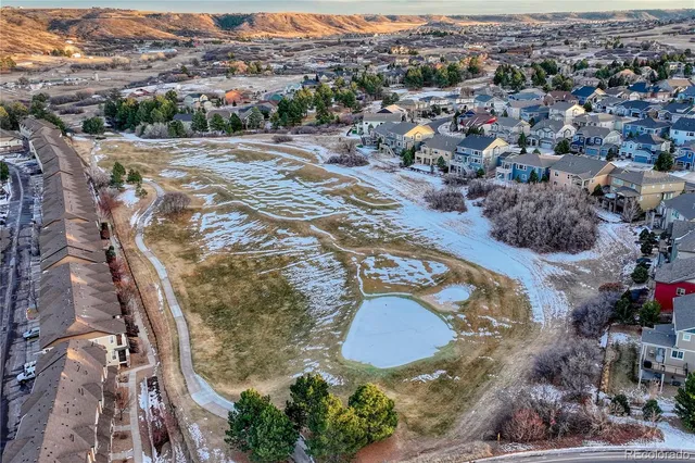 an aerial view of a swimming pool