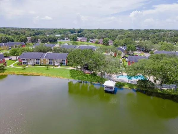 a view of a lake with a houses
