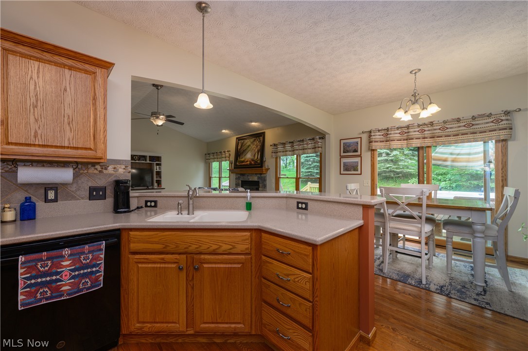 2664 Ridge Road Northwest Bolivar, OH 44612 - Photo 10 of 15 Kitchen featuring backsplash, vaulted ceiling, black dishwasher, wood-type flooring, and sink