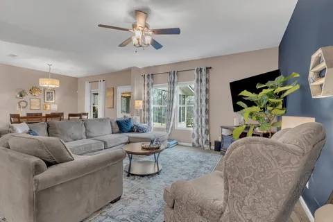 a living room with furniture flowerpot and a chandelier