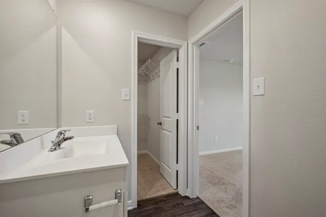 a bathroom with a sink mirror and shower
