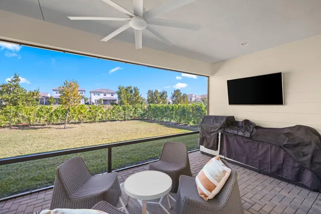 a view of a city with lawn chairs