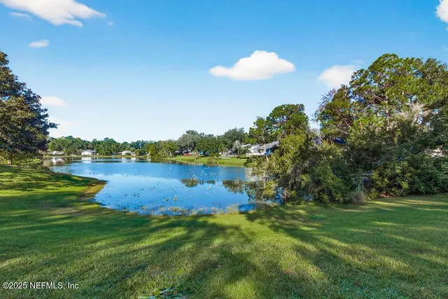 a view of a house with a yard and large trees