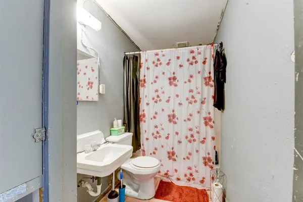 a bathroom with a toilet and a shower curtain