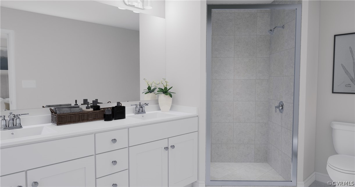 12220 Lightning Bug Loop Midlothian, VA 23112 - Photo 13 of 34 a bathroom with a granite countertop sink a toilet and shower