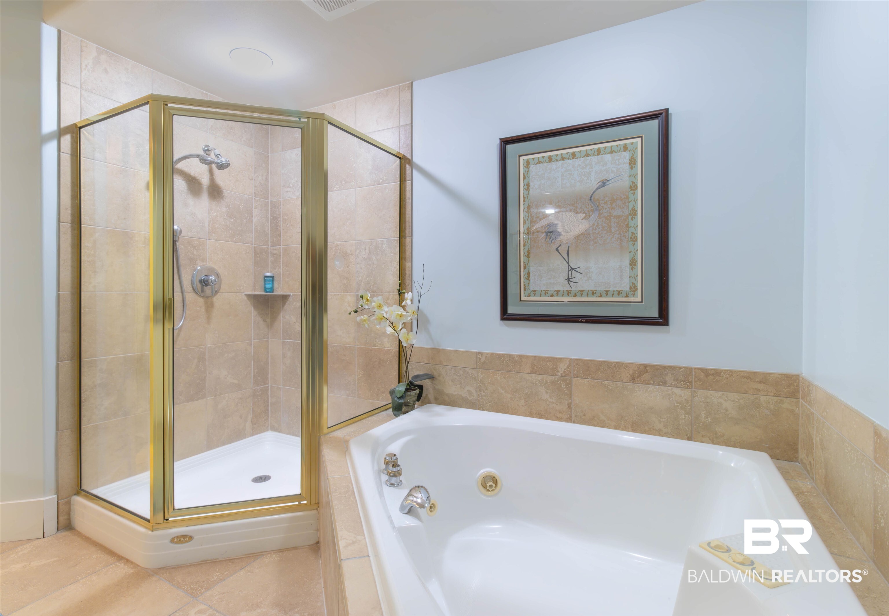 28107 Perdido Beach Boulevard, Unit D714 Orange Beach, AL 36561 - Photo 32 of 88 Full bathroom featuring tile patterned flooring, a stall shower, and a whirlpool tub