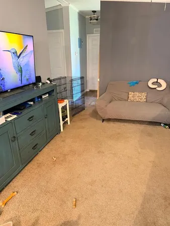 a bedroom with a bed and flat screen tv