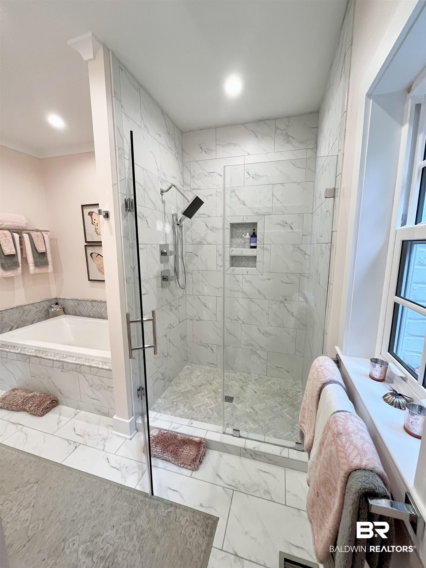 451 Ridgelawn Drive West Mobile, AL 36608 - Photo 9 of 41 Full bathroom featuring marble look tiles, a bath, a marble finish shower, and recessed lighting