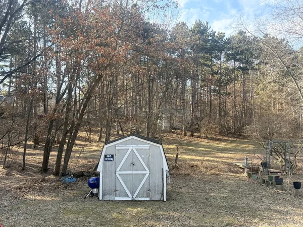 a view of a backyard with large trees