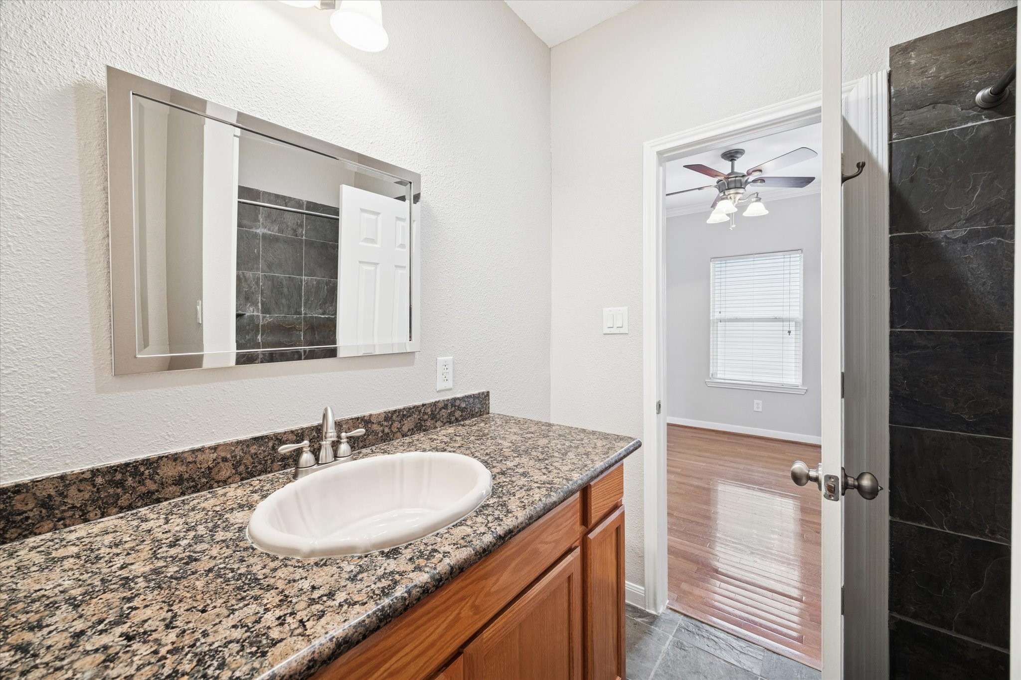 1427 West 25th Street Houston, TX 77008 - Photo 27 of 36 a bathroom with a granite countertop sink and a mirror