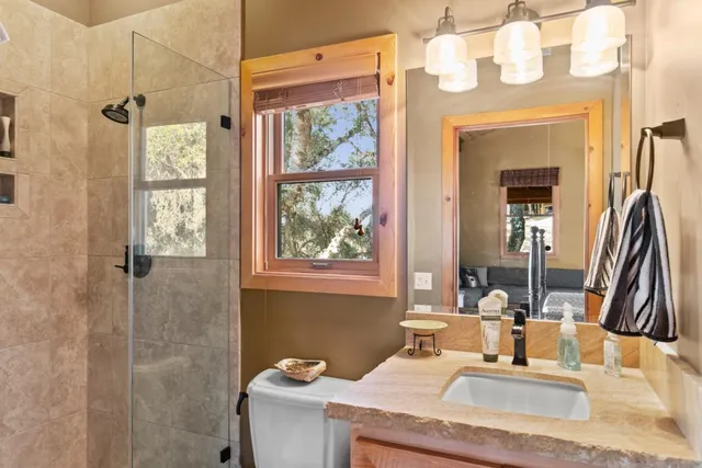 a bathroom with a granite countertop sink a mirror and shower