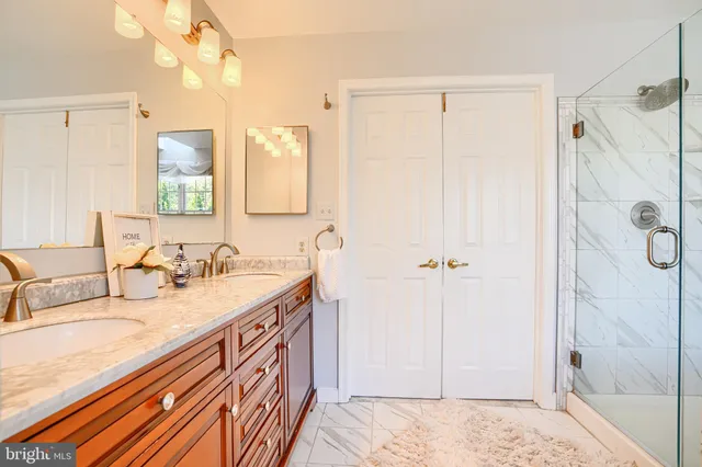 a bathroom with a sink a mirror and a shower