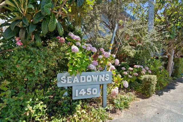 a sign that is sitting in a bunch of flowers