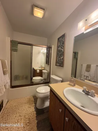 a bathroom with a sink a toilet and shower