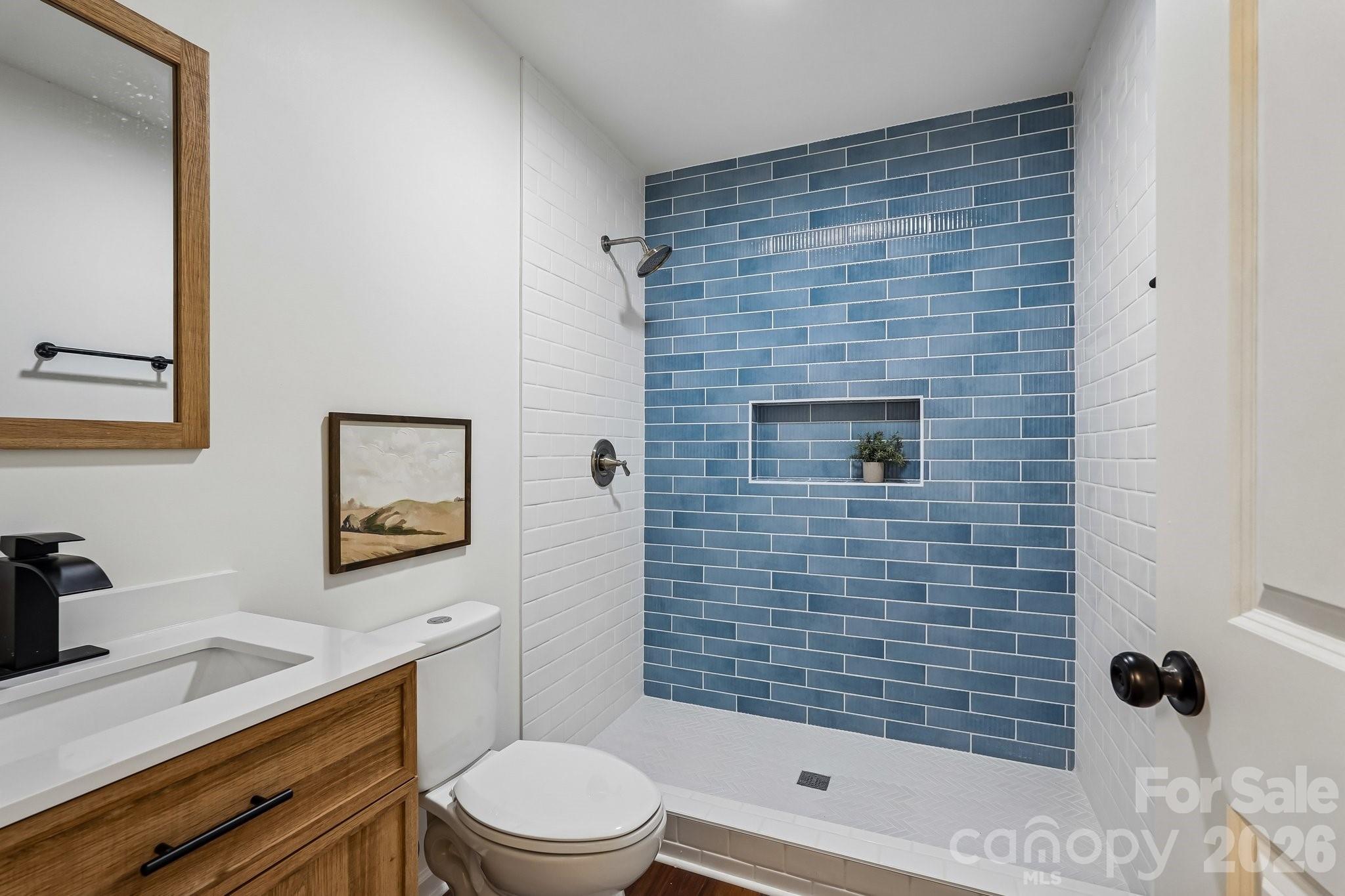 514 West Arch Street Lancaster, SC 29720 - Photo 10 of 43 a bathroom with a toilet a sink a mirror and shower
