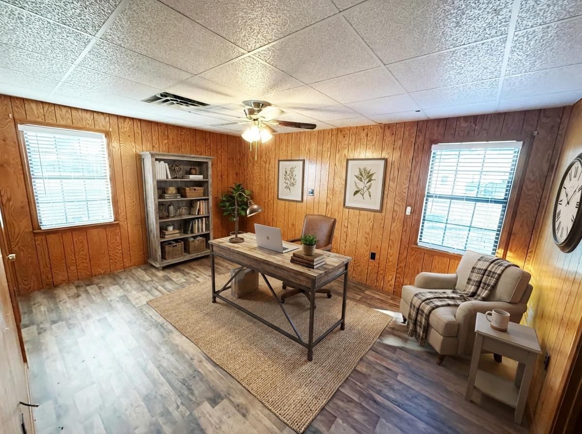 2142 Highway 70 Mason, TN 38049 - Photo 16 of 36 Office area with healthy amount of natural light, wooden walls, wood finished floors, and ceiling fan
