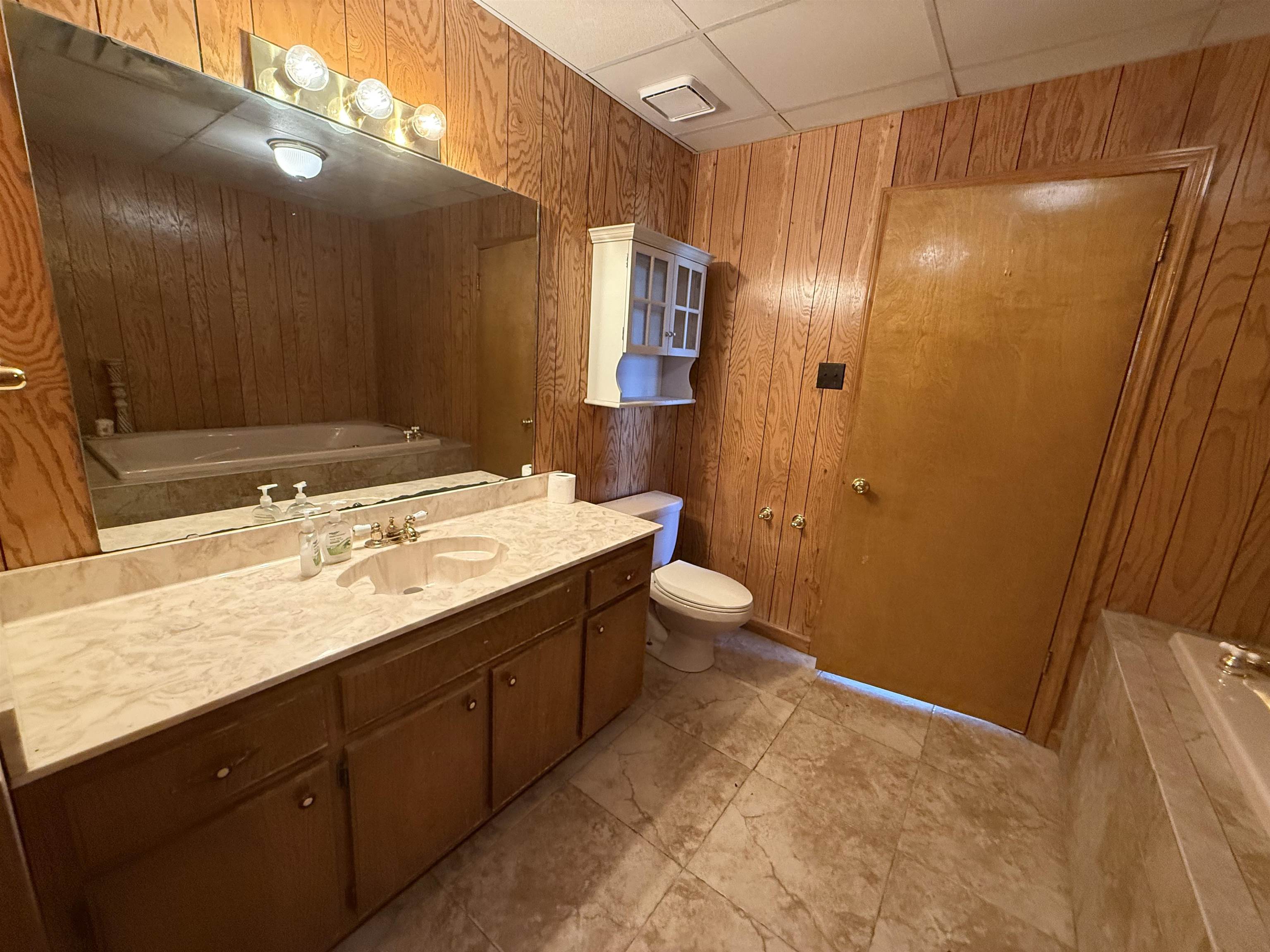2142 Highway 70 Mason, TN 38049 - Photo 19 of 36 Bathroom featuring vanity, a drop ceiling, and wood walls