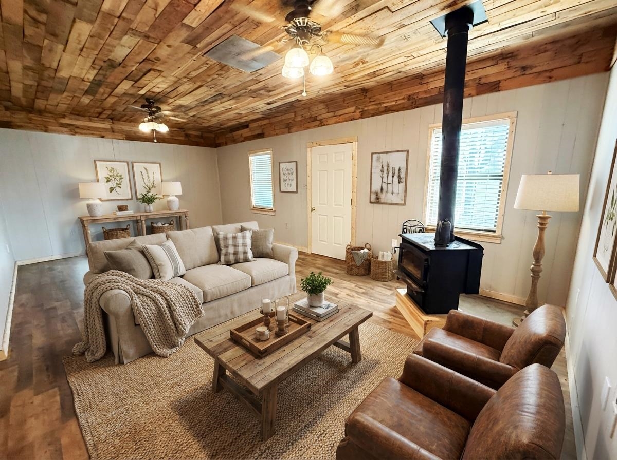 2142 Highway 70 Mason, TN 38049 - Photo 6 of 36 Living room with a wood stove, ceiling fan, healthy amount of natural light, and wooden ceiling