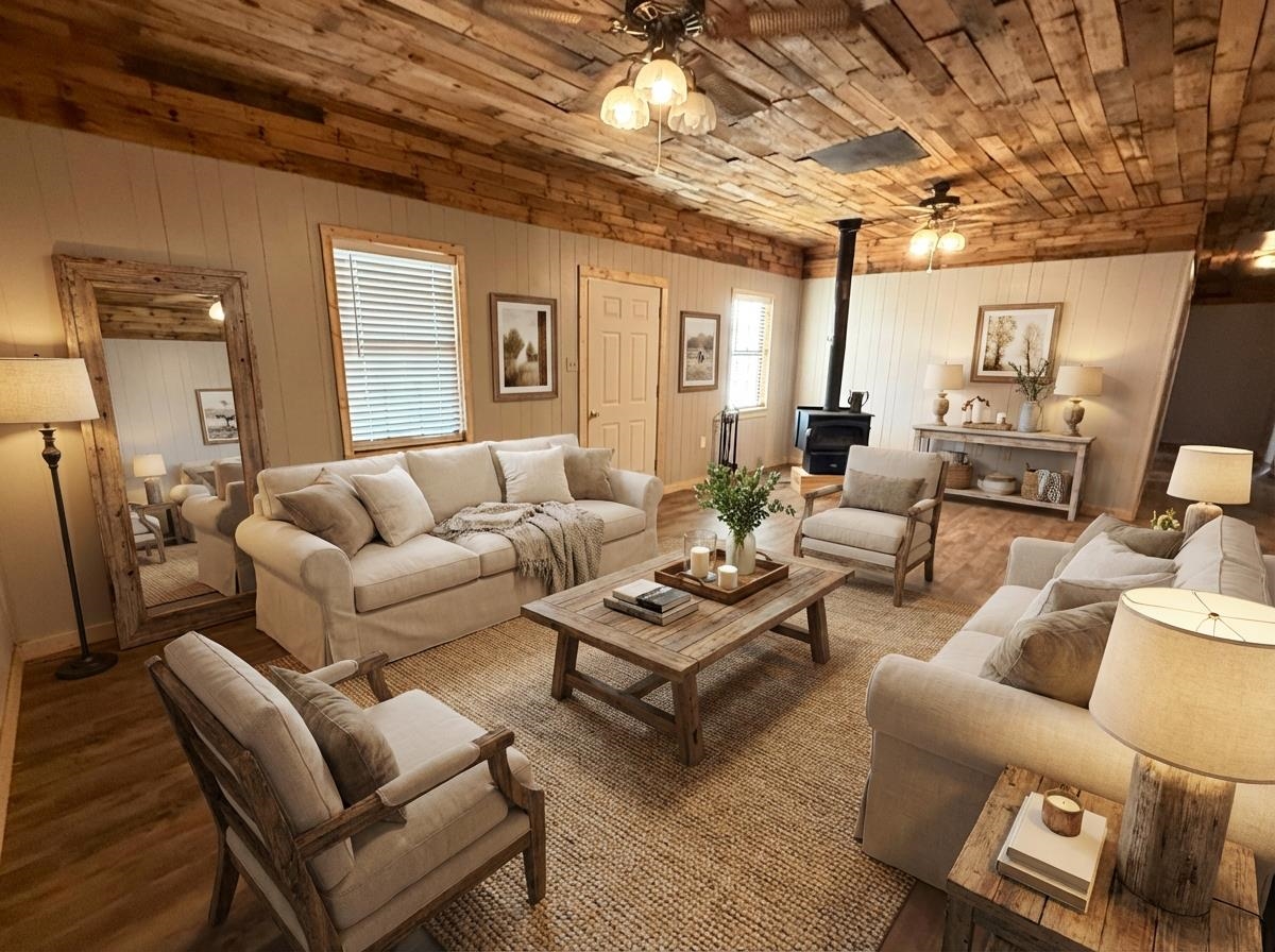 2142 Highway 70 Mason, TN 38049 - Photo 8 of 36 Living room featuring a wood stove, a ceiling fan, wood finished floors, wood ceiling, and wooden walls