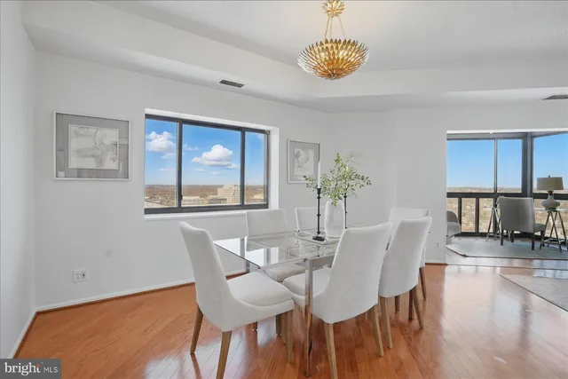a view of a dining room with furniture
