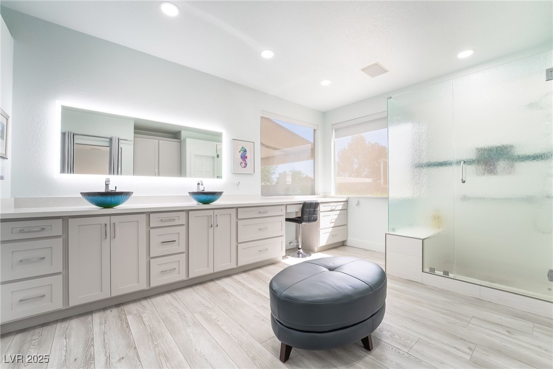 188 Carthage Street Henderson, NV 89074 - Photo 31 of 56 Bathroom with a shower stall, wood finished floors
