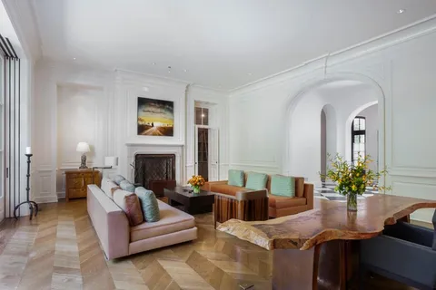 a living room with furniture potted plant and a fireplace