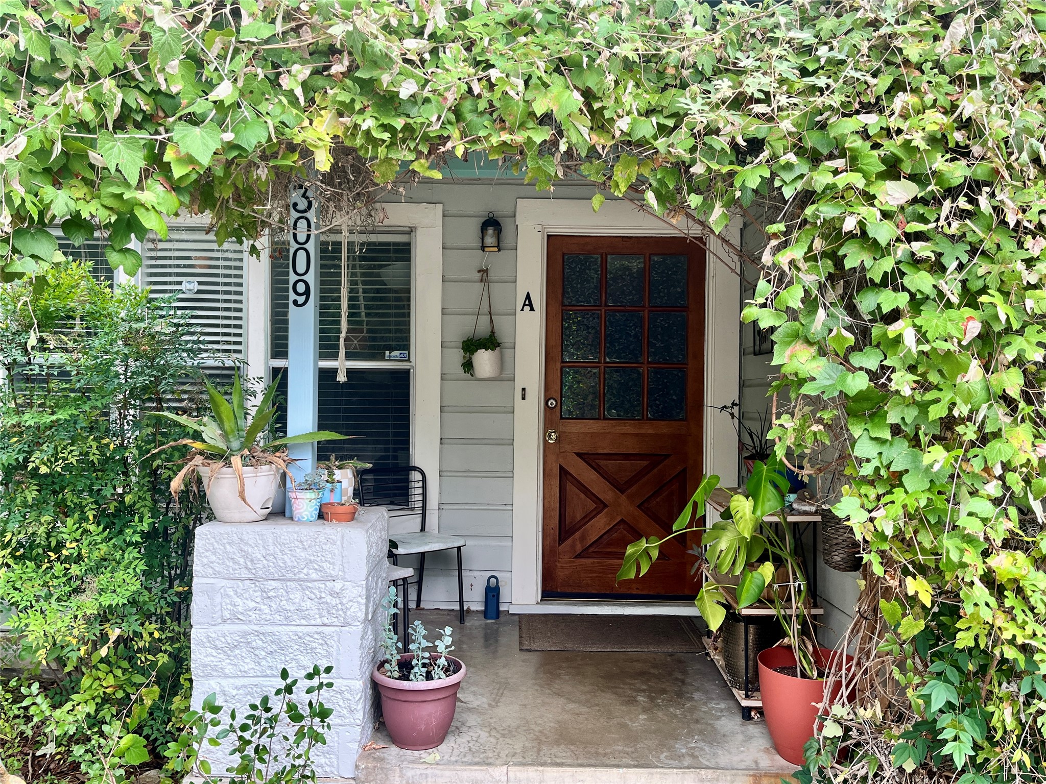 3009 Cherrywood Road, Unit A Austin, TX 78722 - Photo 2 of 13 A charming wooden entry door welcomes visitors, surrounded by lush, vibrant foliage and decorative potted plants. Plants don't convey