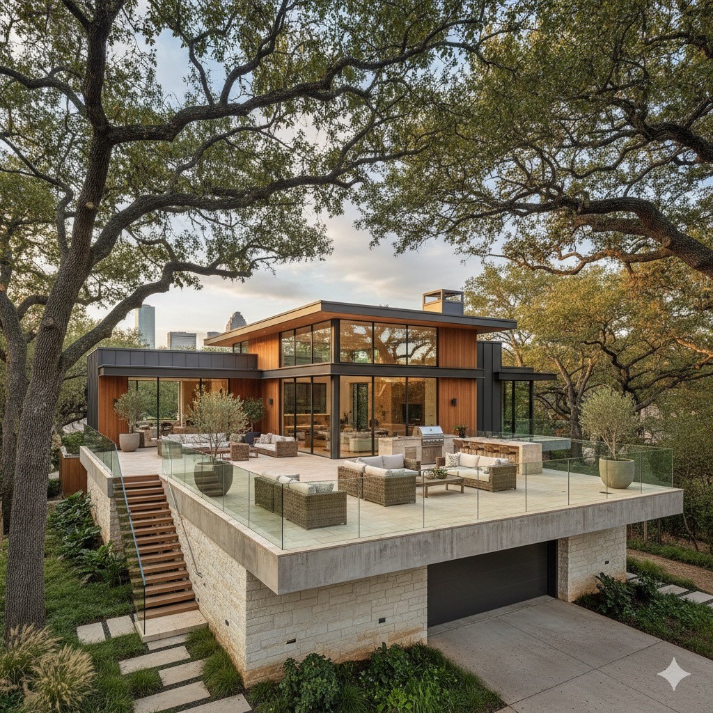 20 Tiel Way Houston, TX 77019 - Photo 1 of 6 a view of a patio with couches fire pit and a large tree