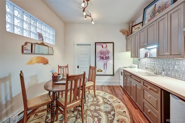 a view of a dining room with furniture