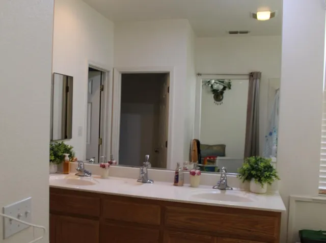 a bathroom with a sink and a mirror