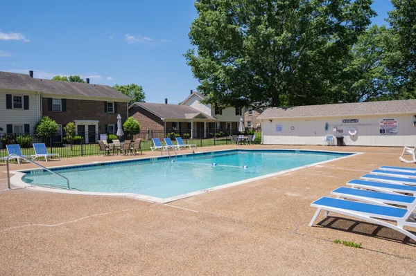 a view of swimming pool with outdoor seating and a tree
