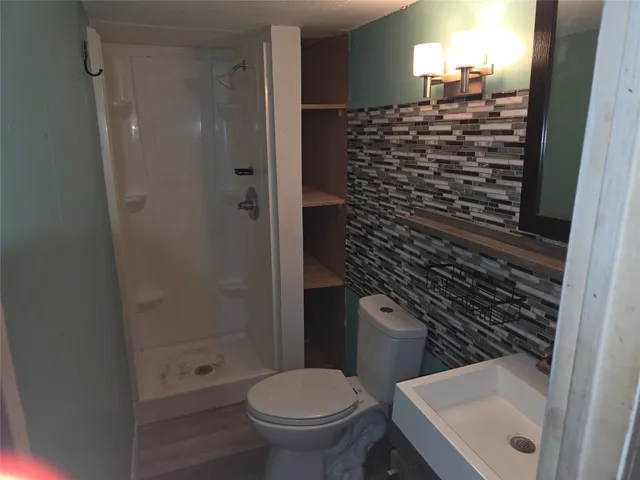 a bathroom with a shower and a toilet