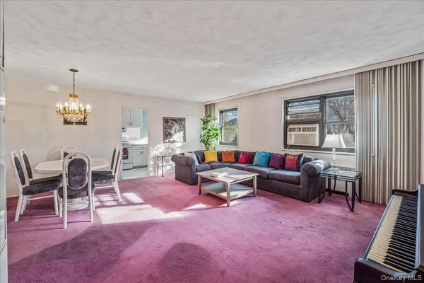 a living room with furniture a rug and a window