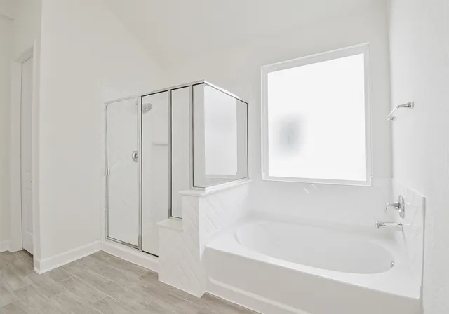 a bathroom with a bathtub and a shower