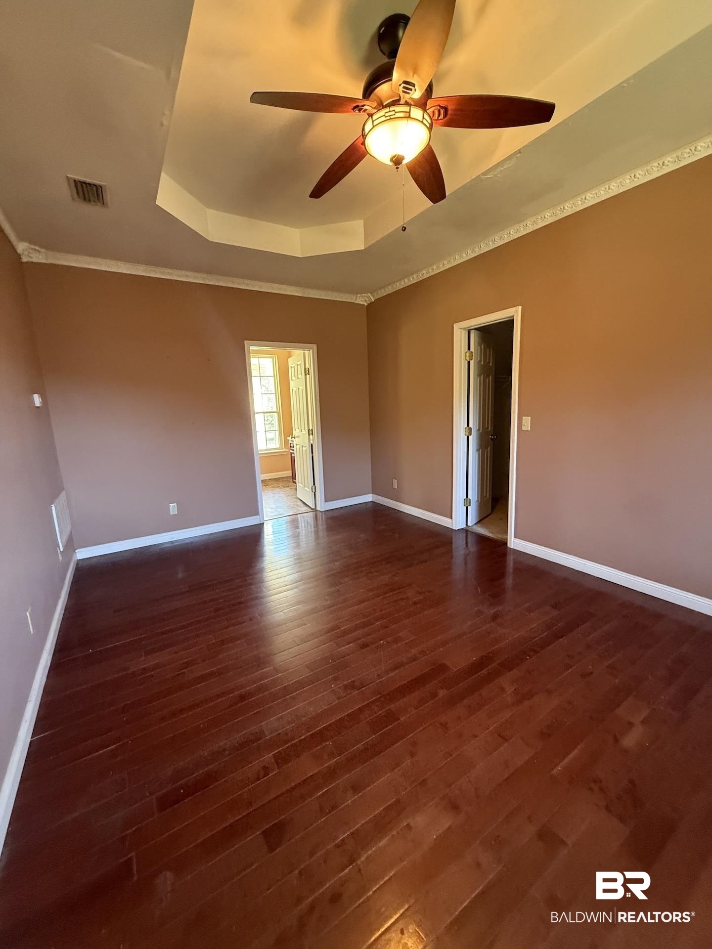 99 Cemetery Street Uriah, AL 36480 - Photo 10 of 13 Spare room featuring ceiling fan, a raised ceiling, and dark wood finished floors