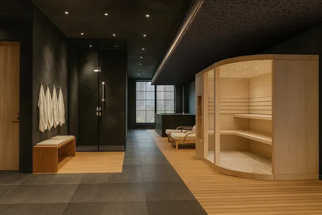 a lobby with furniture and a potted plant