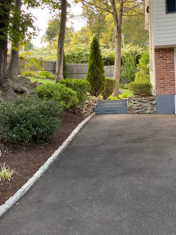 a view of a garden with a bench in front of a yard