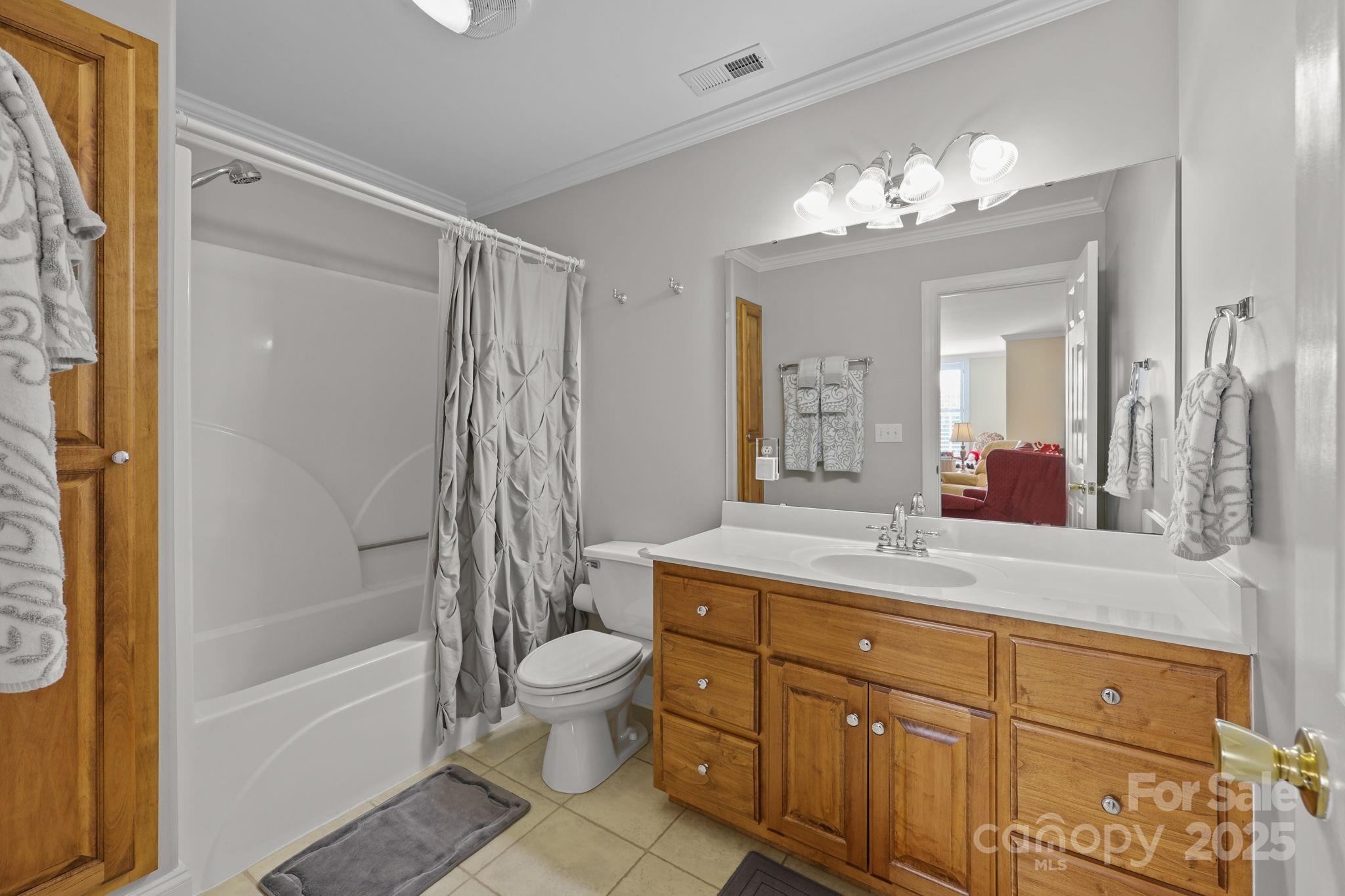 17200 Randalls Ferry Road Norwood, NC 28128 - Photo 31 of 48 a bathroom with a granite countertop sink a toilet a mirror a vanity a bathtub and shower